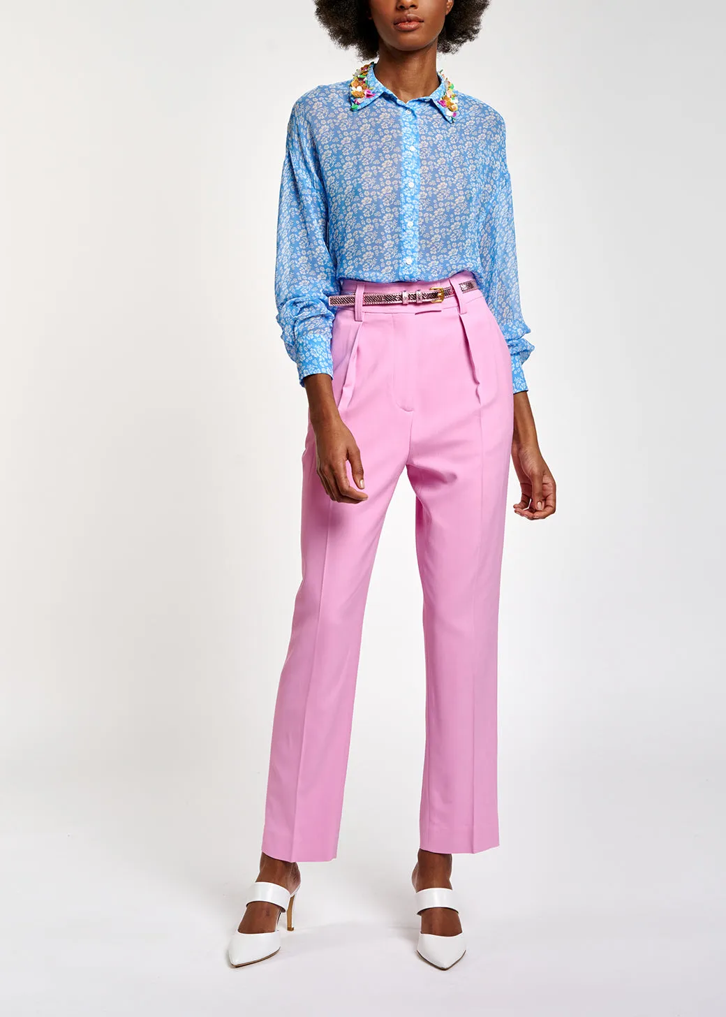 Blue floral-print shirt with sequin collar