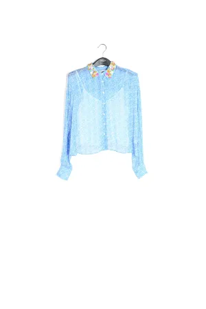 Blue floral-print shirt with sequin collar