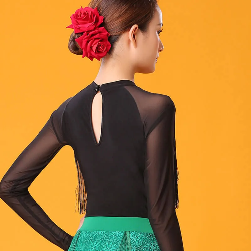 Boat Neck Long Sleeve Latin/Ballroom Top with Mesh