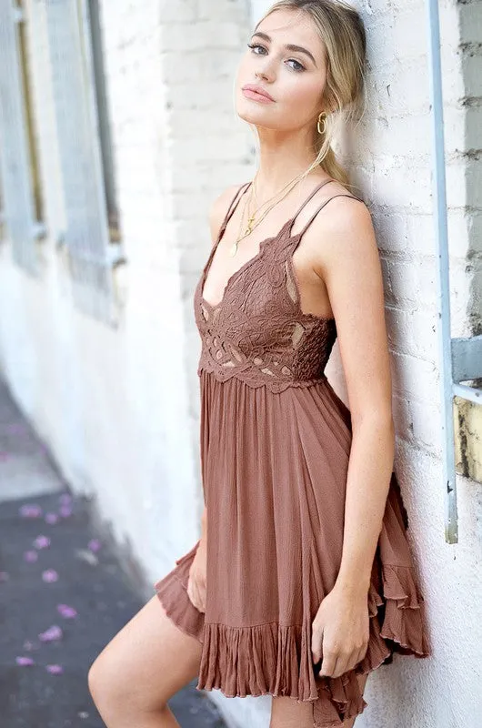 Boho Crochet Bralette Ruffle Mini Slip Dress