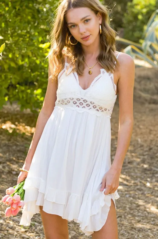 Boho Crochet Bralette Ruffle Mini Slip Dress