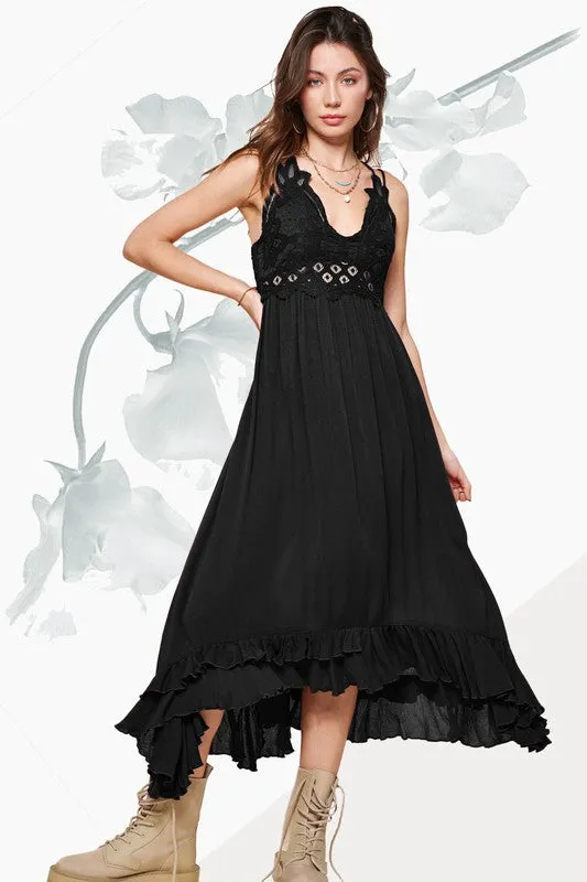 Boho Crochet Lace Ruffle High Low Slip Dress