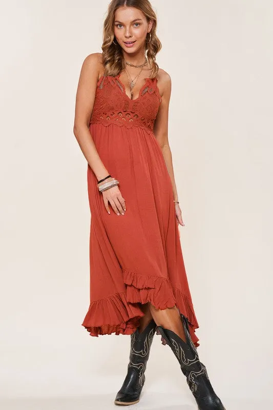 Boho Crochet Lace Ruffle High Low Slip Dress