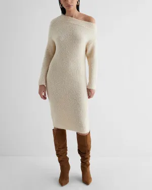 Boucle Off The Shoulder Long Sleeve Midi Sweater Dress in Sandshell