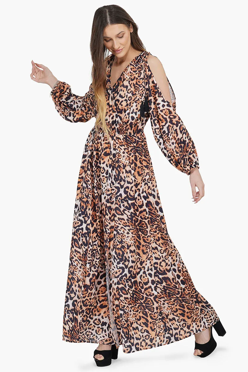 Brown Leopard Cold Shoulder Maxi Dress