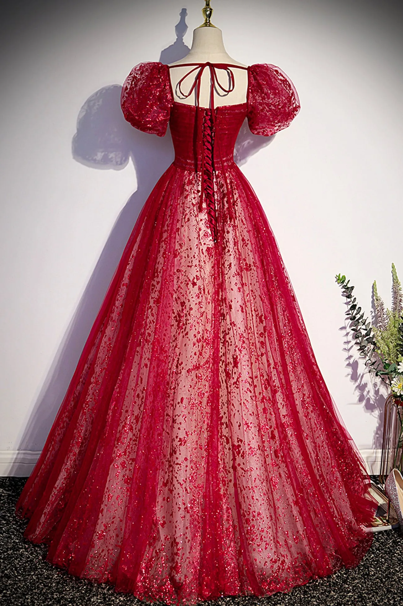 Burgundy Tulle Sequins Long Prom Dress, Beautiful Short Sleeve Evening Dress
