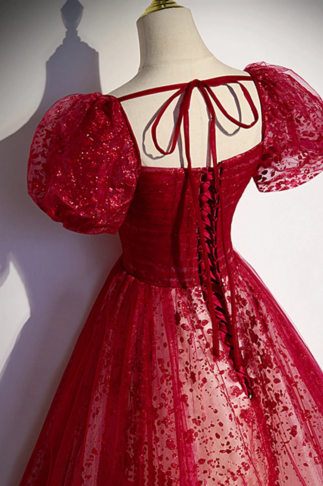 Burgundy Tulle Sequins Long Prom Dress, Beautiful Short Sleeve Evening Dress