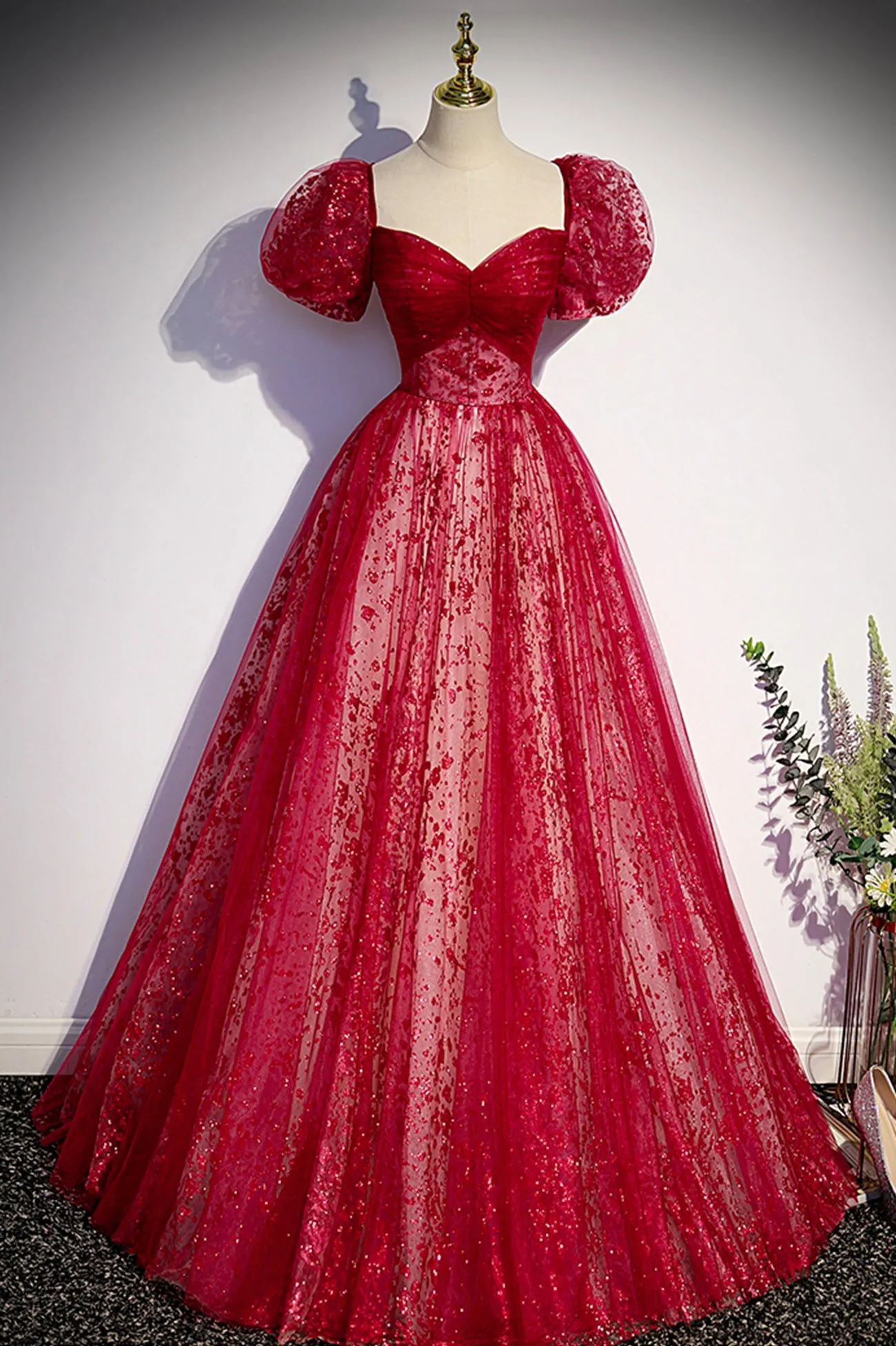 Burgundy Tulle Sequins Long Prom Dress, Beautiful Short Sleeve Evening Dress
