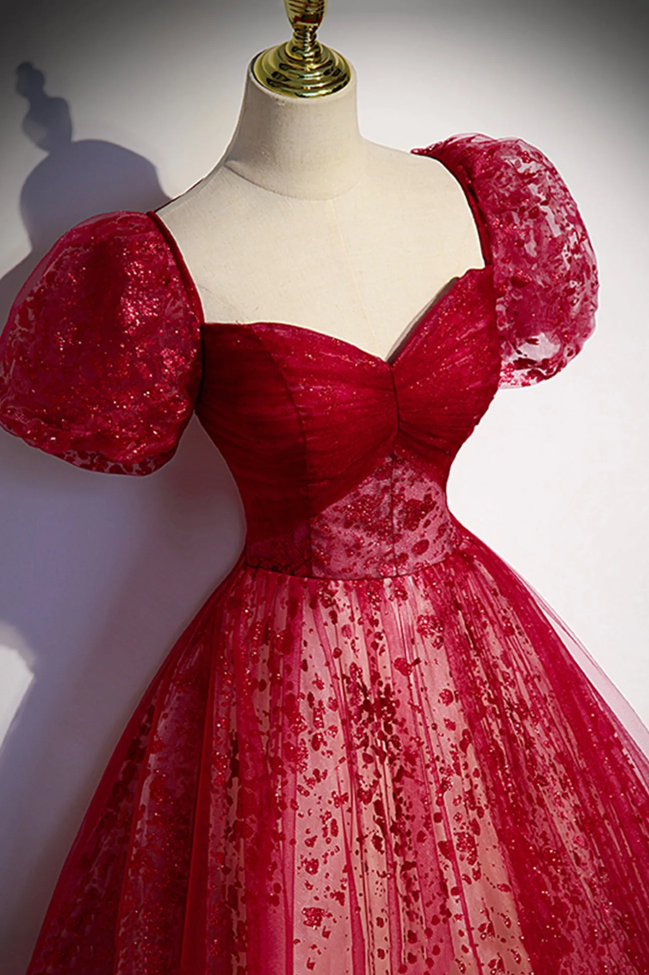 Burgundy Tulle Sequins Long Prom Dress, Beautiful Short Sleeve Evening Dress