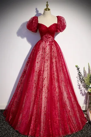 Burgundy Tulle Sequins Long Prom Dress, Beautiful Short Sleeve Evening Dress