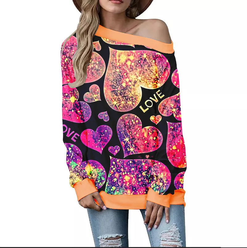 Buy Women's Valentine's Day Pattern Printed Long Sleeve Loose Shoulder Sweater - Trendy Design, Comfortable Fit - Fashionzapp