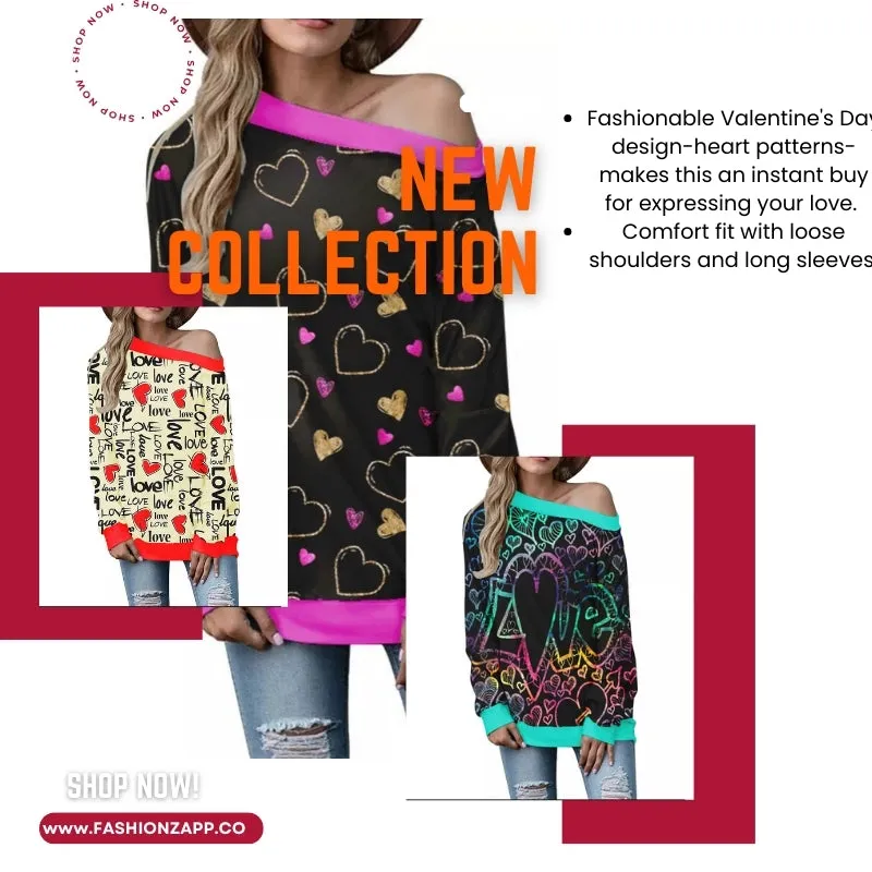 Buy Women's Valentine's Day Pattern Printed Long Sleeve Loose Shoulder Sweater - Trendy Design, Comfortable Fit - Fashionzapp