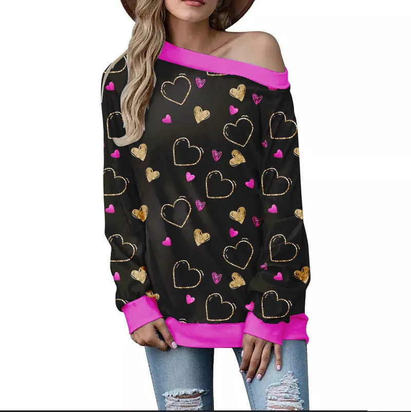 Buy Women's Valentine's Day Pattern Printed Long Sleeve Loose Shoulder Sweater - Trendy Design, Comfortable Fit - Fashionzapp