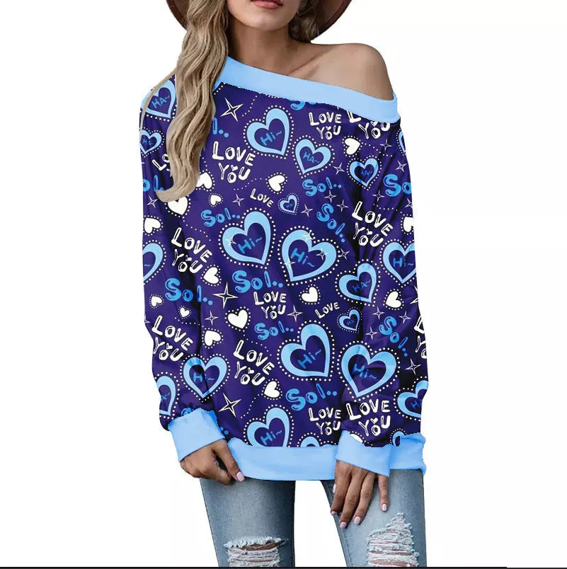 Buy Women's Valentine's Day Pattern Printed Long Sleeve Loose Shoulder Sweater - Trendy Design, Comfortable Fit - Fashionzapp