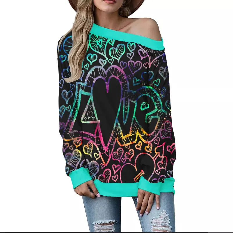 Buy Women's Valentine's Day Pattern Printed Long Sleeve Loose Shoulder Sweater - Trendy Design, Comfortable Fit - Fashionzapp