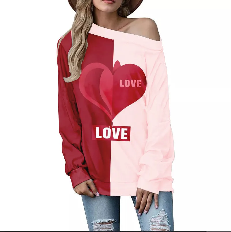 Buy Women's Valentine's Day Pattern Printed Long Sleeve Loose Shoulder Sweater - Trendy Design, Comfortable Fit - Fashionzapp
