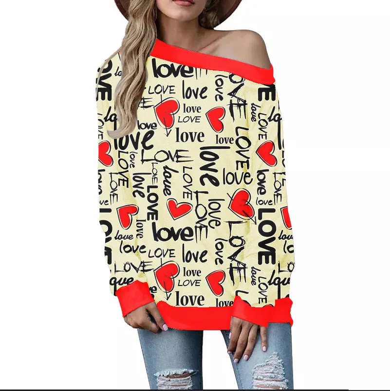 Buy Women's Valentine's Day Pattern Printed Long Sleeve Loose Shoulder Sweater - Trendy Design, Comfortable Fit - Fashionzapp