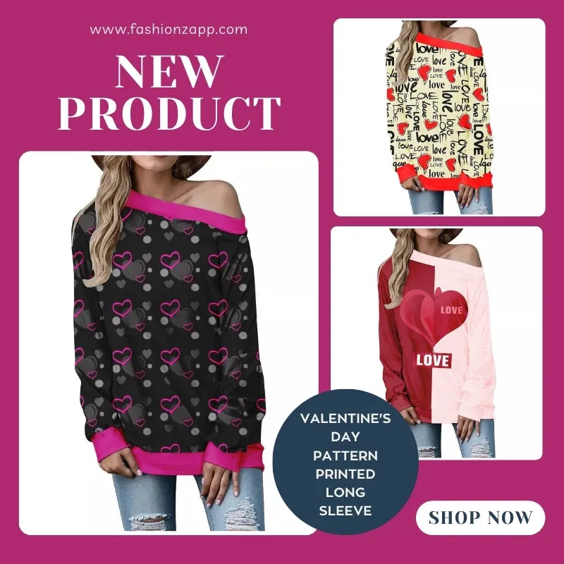 Buy Women's Valentine's Day Pattern Printed Long Sleeve Loose Shoulder Sweater - Trendy Design, Comfortable Fit - Fashionzapp