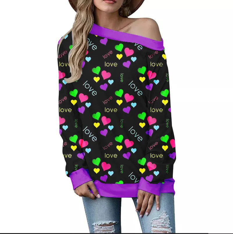 Buy Women's Valentine's Day Pattern Printed Long Sleeve Loose Shoulder Sweater - Trendy Design, Comfortable Fit - Fashionzapp