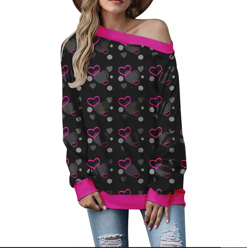 Buy Women's Valentine's Day Pattern Printed Long Sleeve Loose Shoulder Sweater - Trendy Design, Comfortable Fit - Fashionzapp