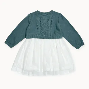 Cable FloralSweater Knit Top & Tutu Baby Dress (Organic): Teal Blue