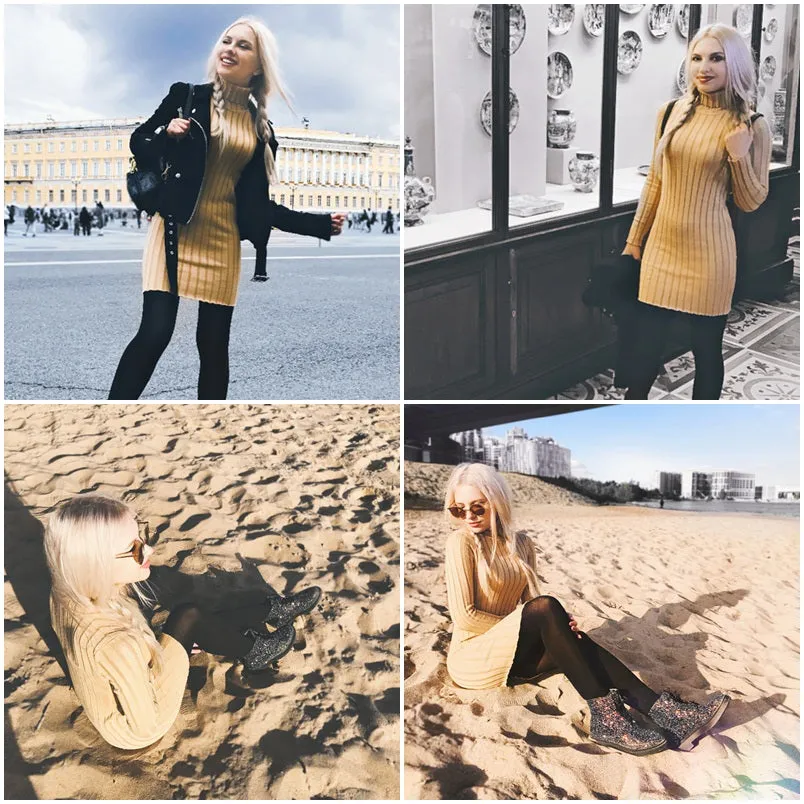 Casual Turtleneck Long Knitted Dress | Slim Bodycon Dress