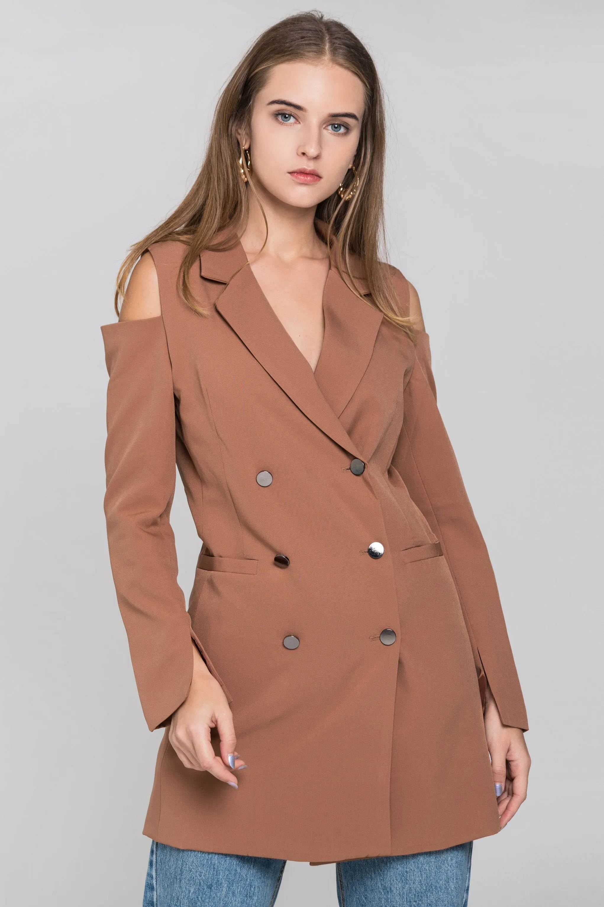 Chocolate Cold Shoulder Mini Blazer Dress