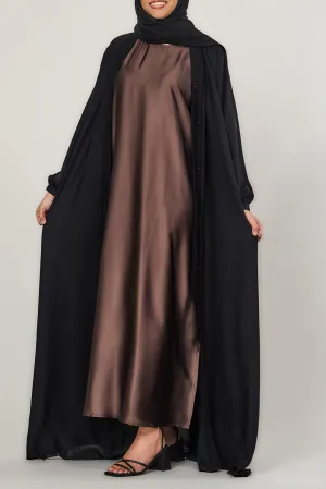 Chocolate Short-Sleeved Satin Abaya Slip Dress