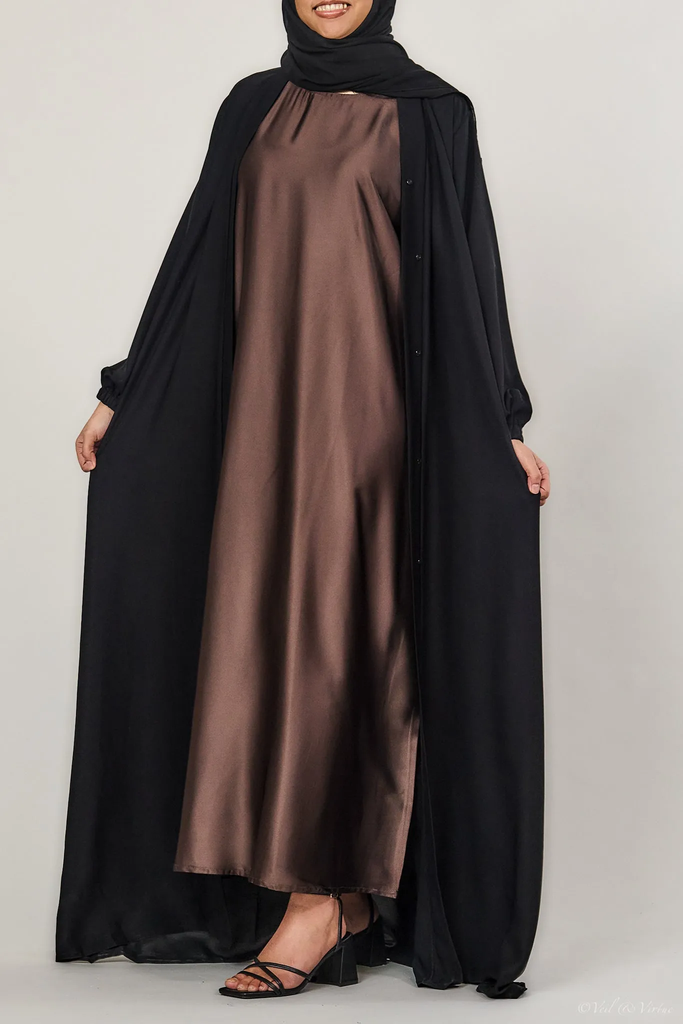 Chocolate Short-Sleeved Satin Abaya Slip Dress