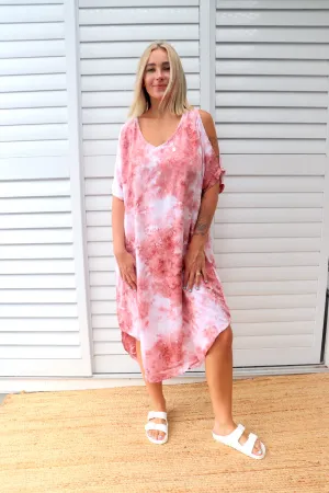 Cold Shoulder Dress In Pink Splash