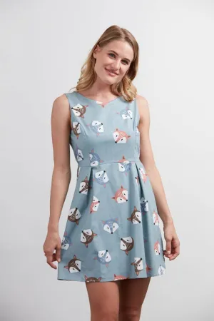 Colorful Fox Print Dress Light Blue