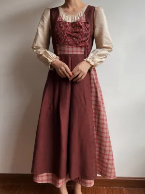 Cottagecore Color Block Check Floral Dress