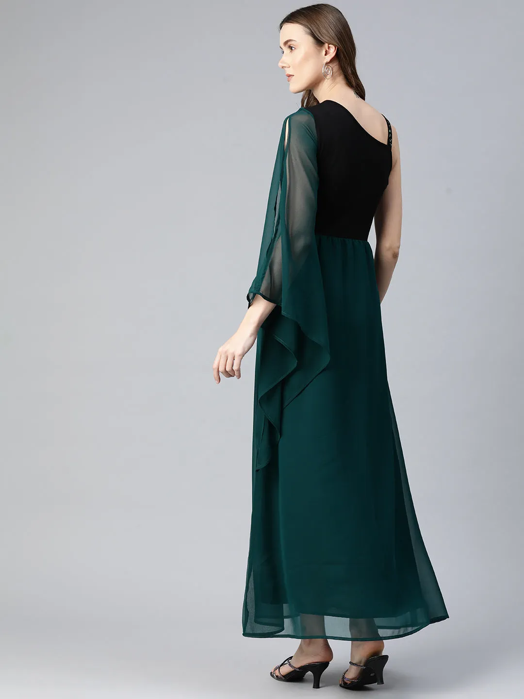 Cottinfab Embellished One Shoulder Slit Sleeves Georgette Maxi Dress