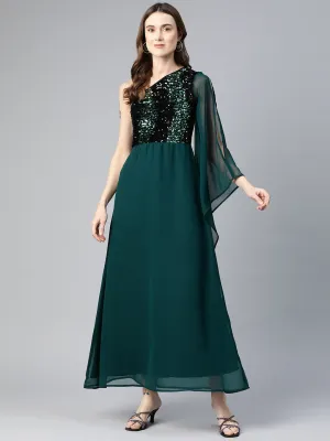 Cottinfab Embellished One Shoulder Slit Sleeves Georgette Maxi Dress