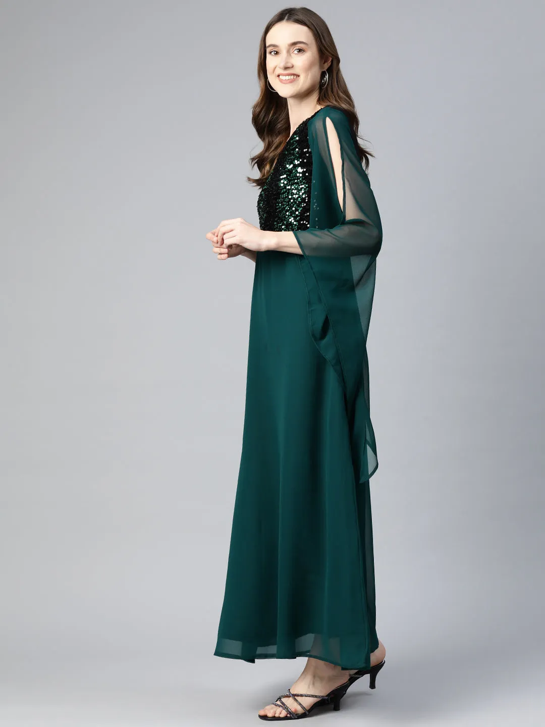 Cottinfab Embellished One Shoulder Slit Sleeves Georgette Maxi Dress