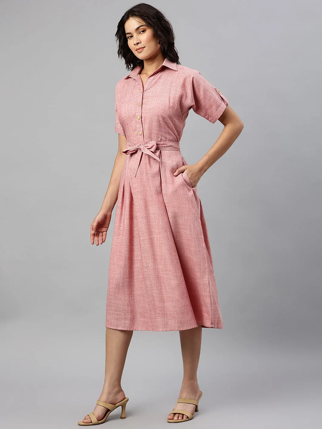 Cottinfab Pink Shirt Midi Dress