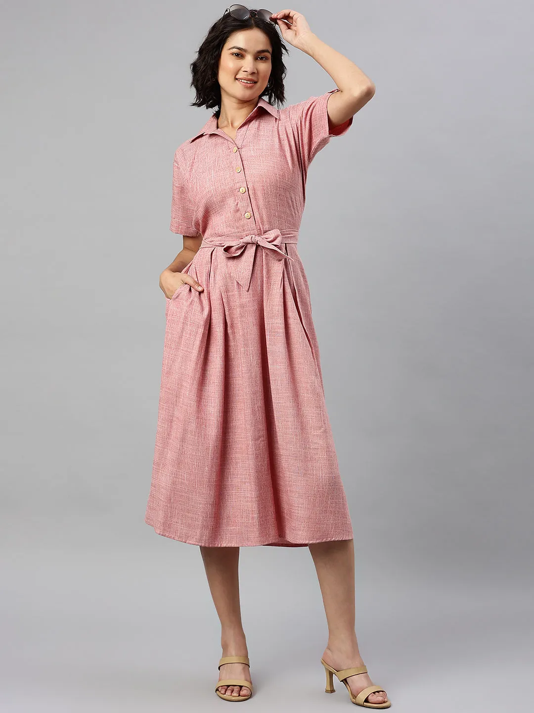 Cottinfab Pink Shirt Midi Dress