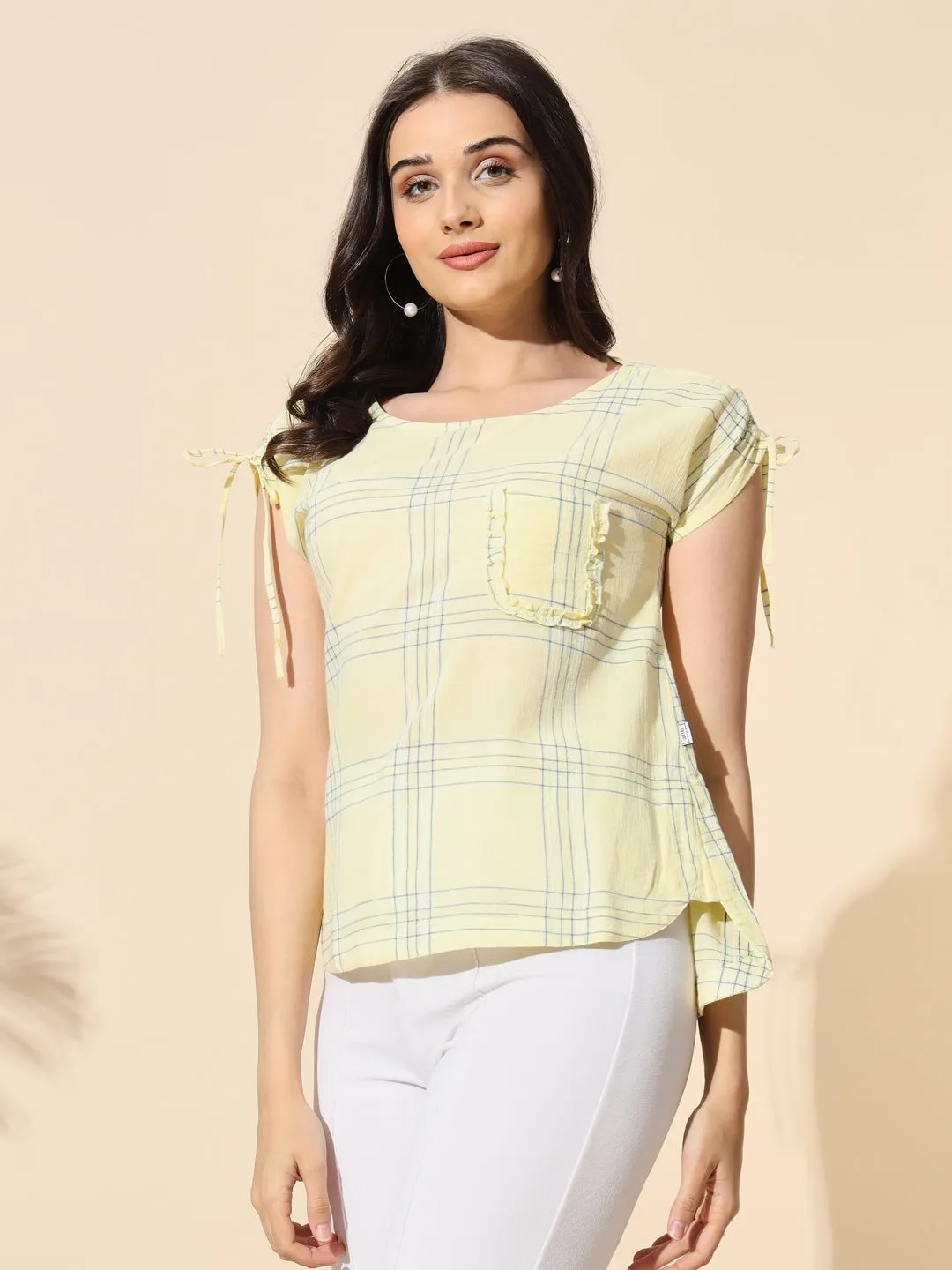 Cotton Crepe Yarn Dyed Check Top- #TP016- Yellow