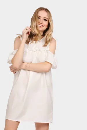 Cream Cold Shoulder Frill Dress