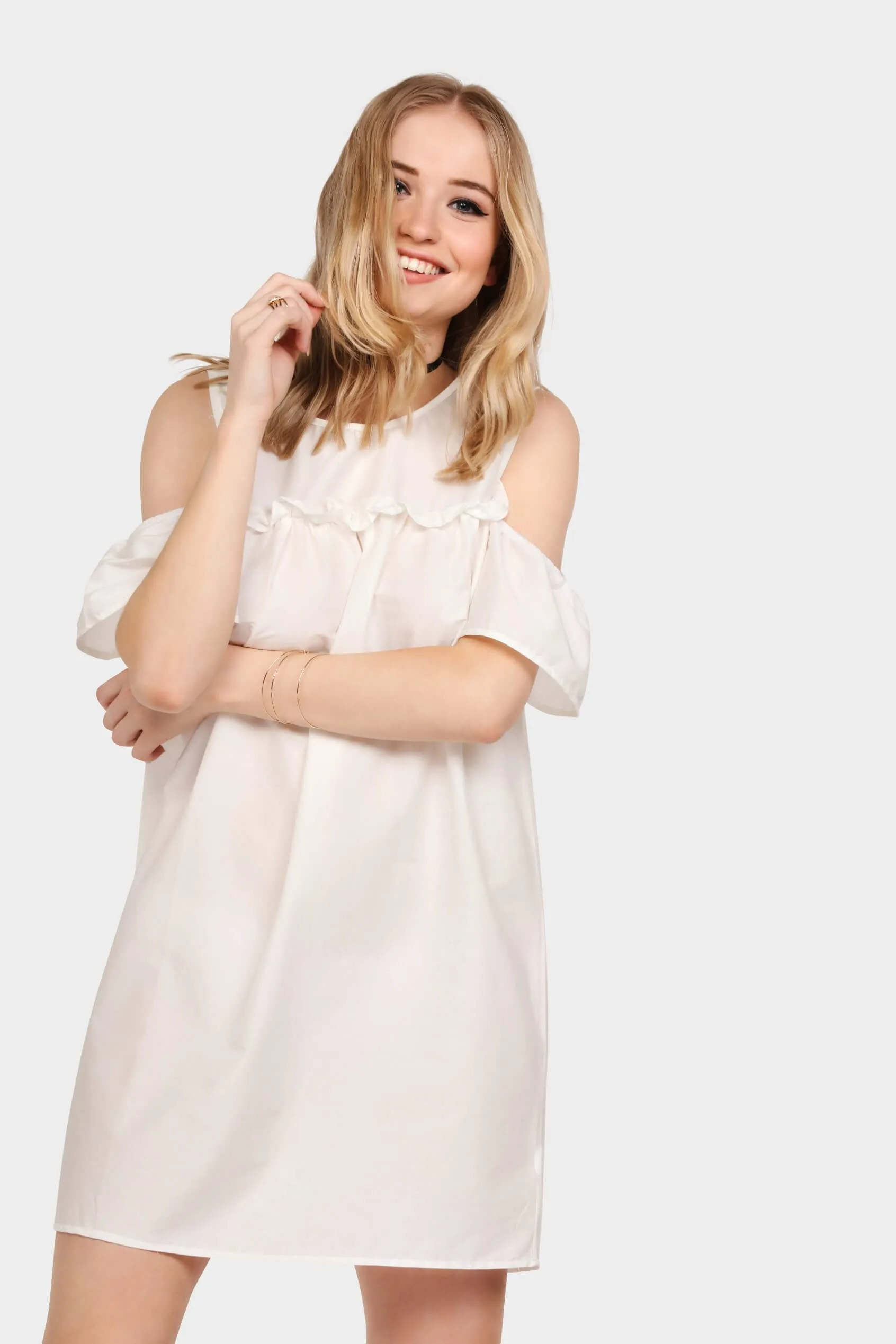 Cream Cold Shoulder Frill Dress