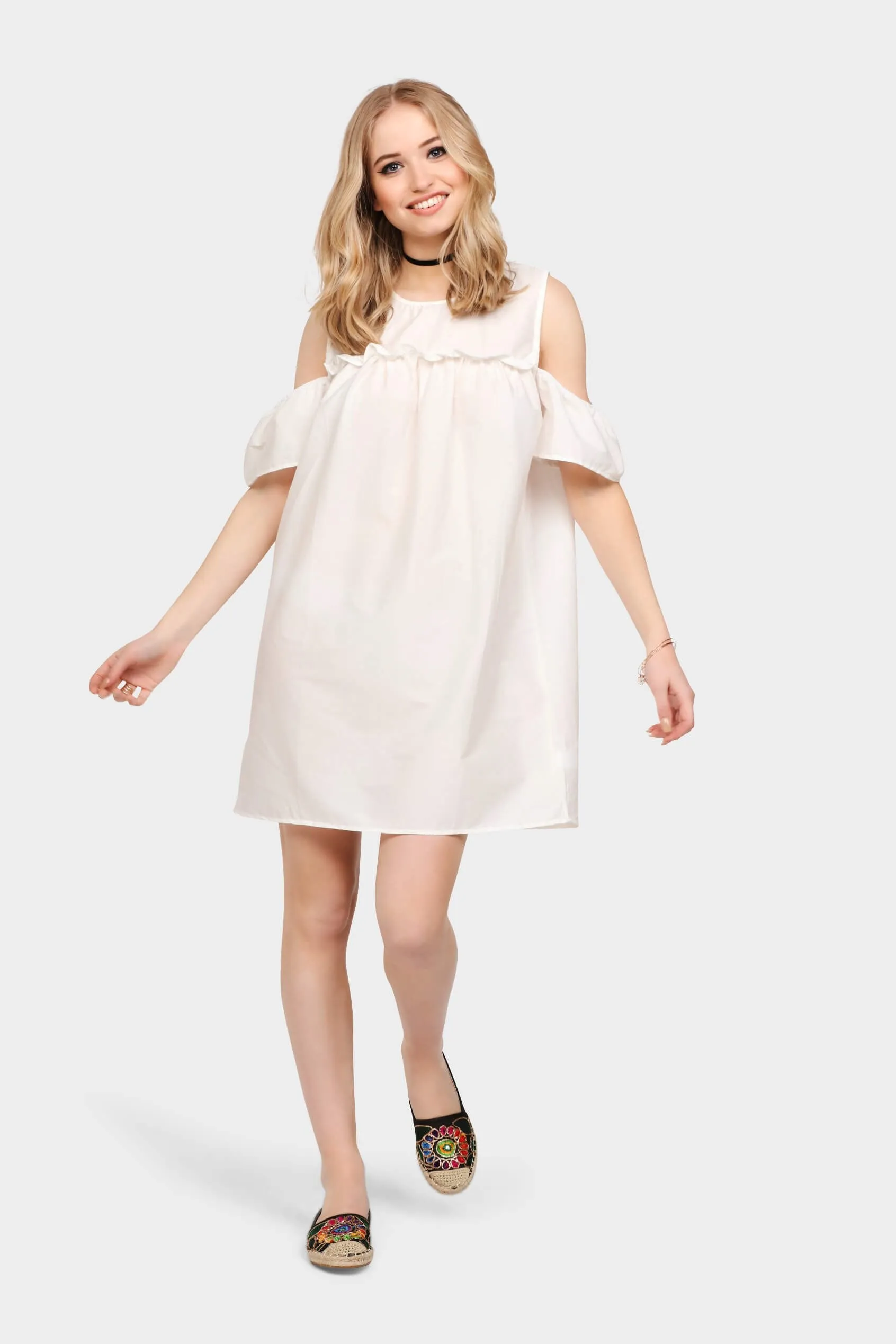 Cream Cold Shoulder Frill Dress