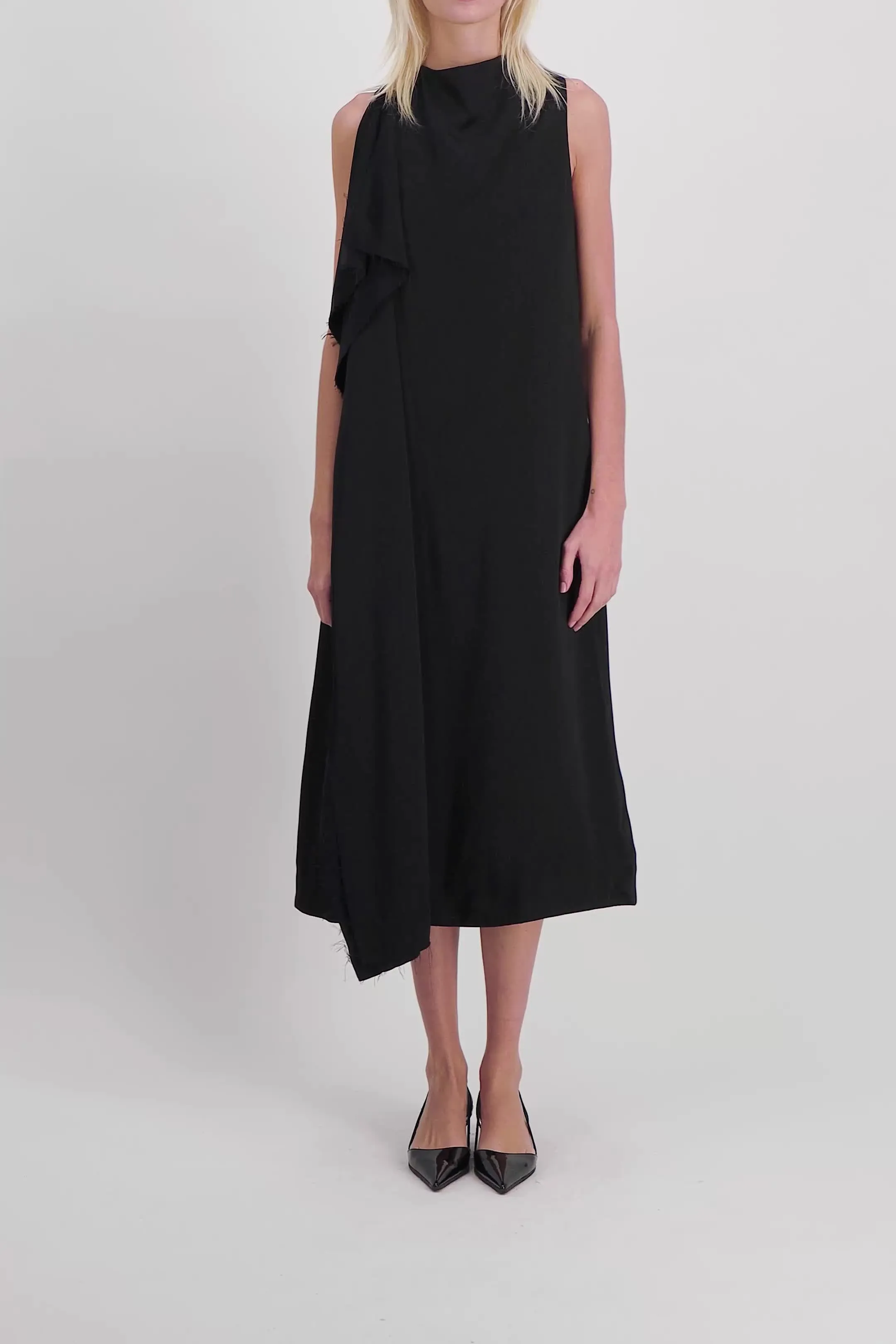 Crêpe satin midi dress with front pleat