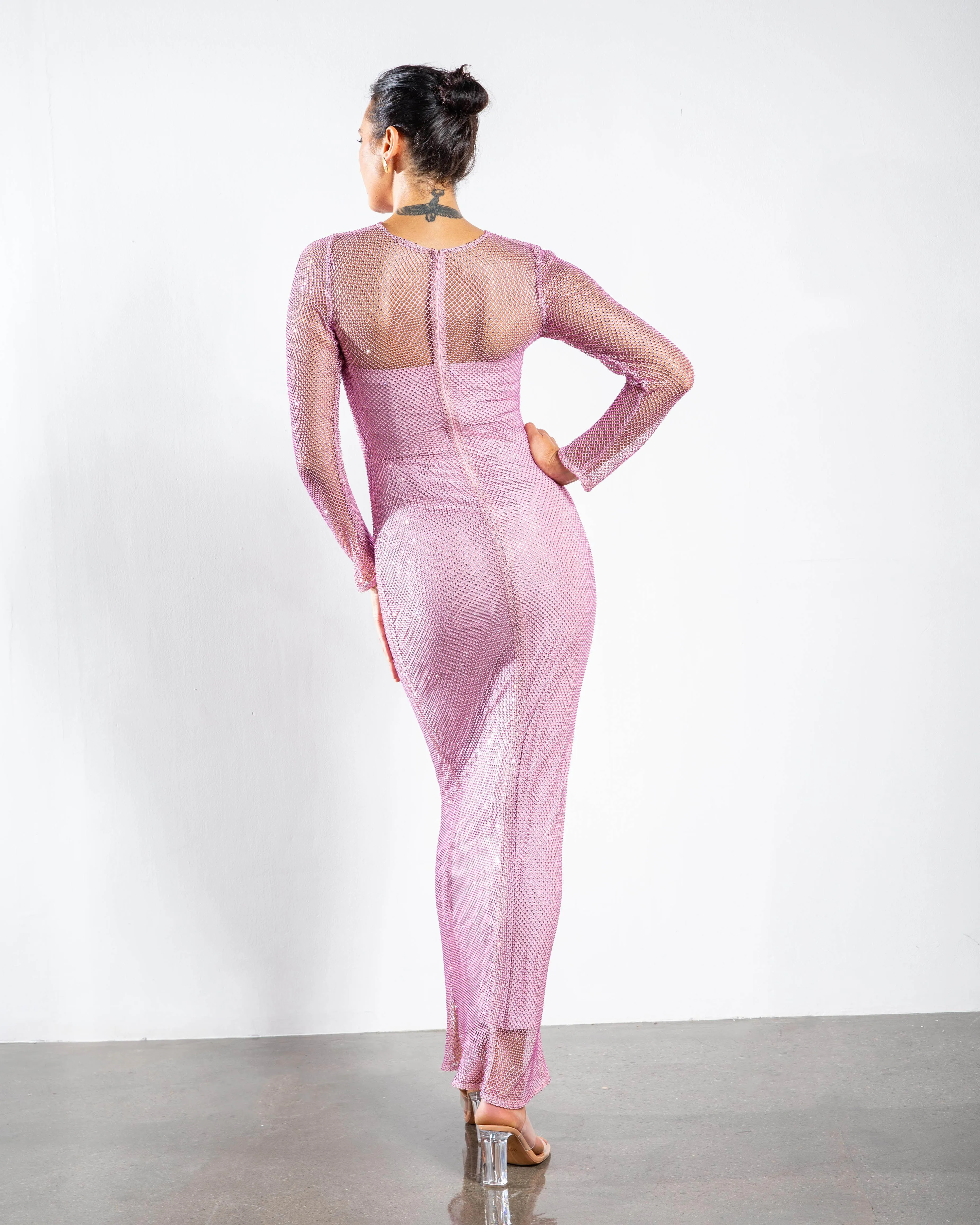 Crystal Embellished Long-Sleeved Maxi Dress - Light