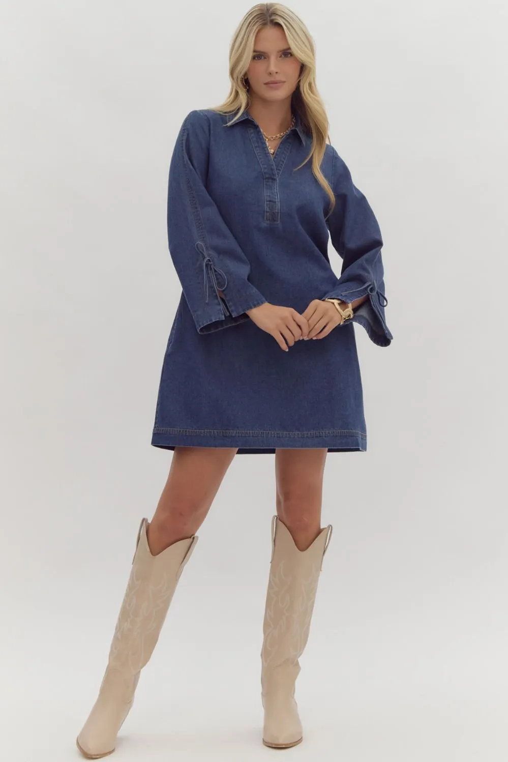 Dark Denim Long Sleeve Dress w/ Adjustable Waist