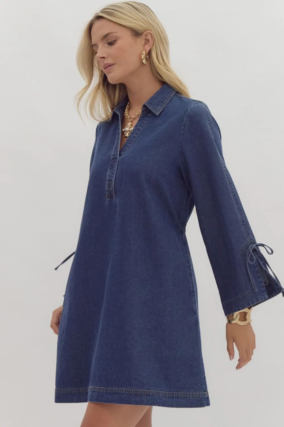 Dark Denim Long Sleeve Dress w/ Adjustable Waist