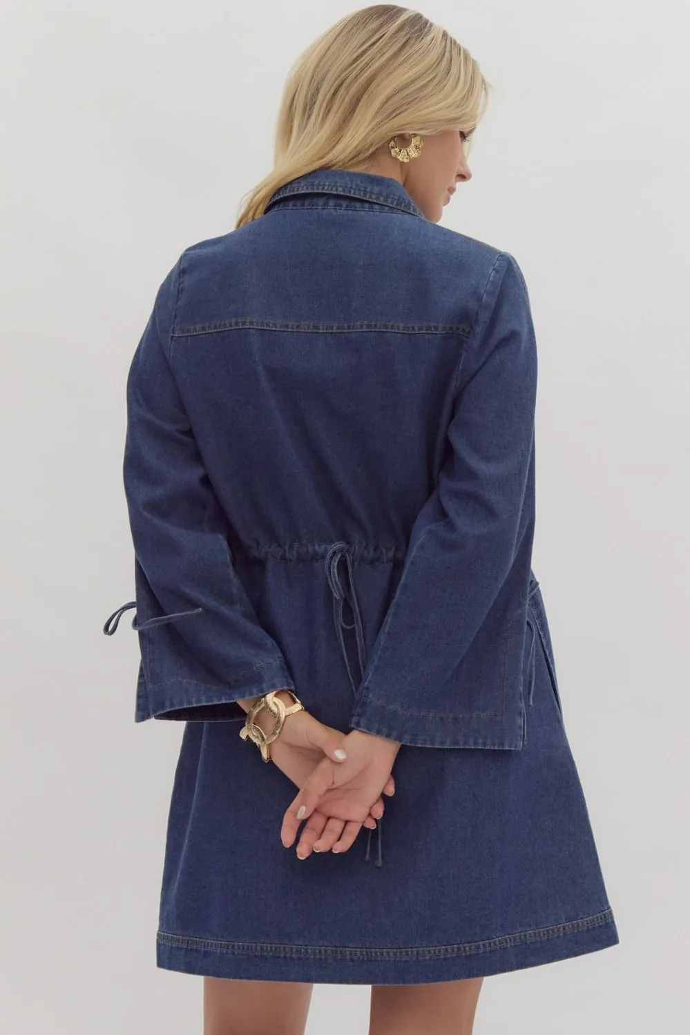 Dark Denim Long Sleeve Dress w/ Adjustable Waist