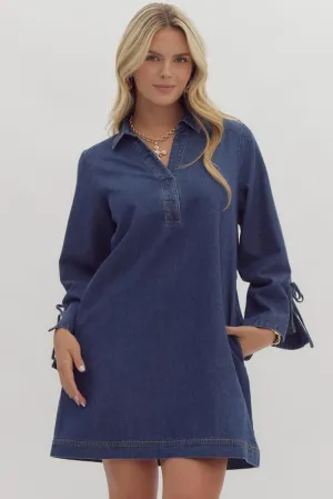 Dark Denim Long Sleeve Dress w/ Adjustable Waist