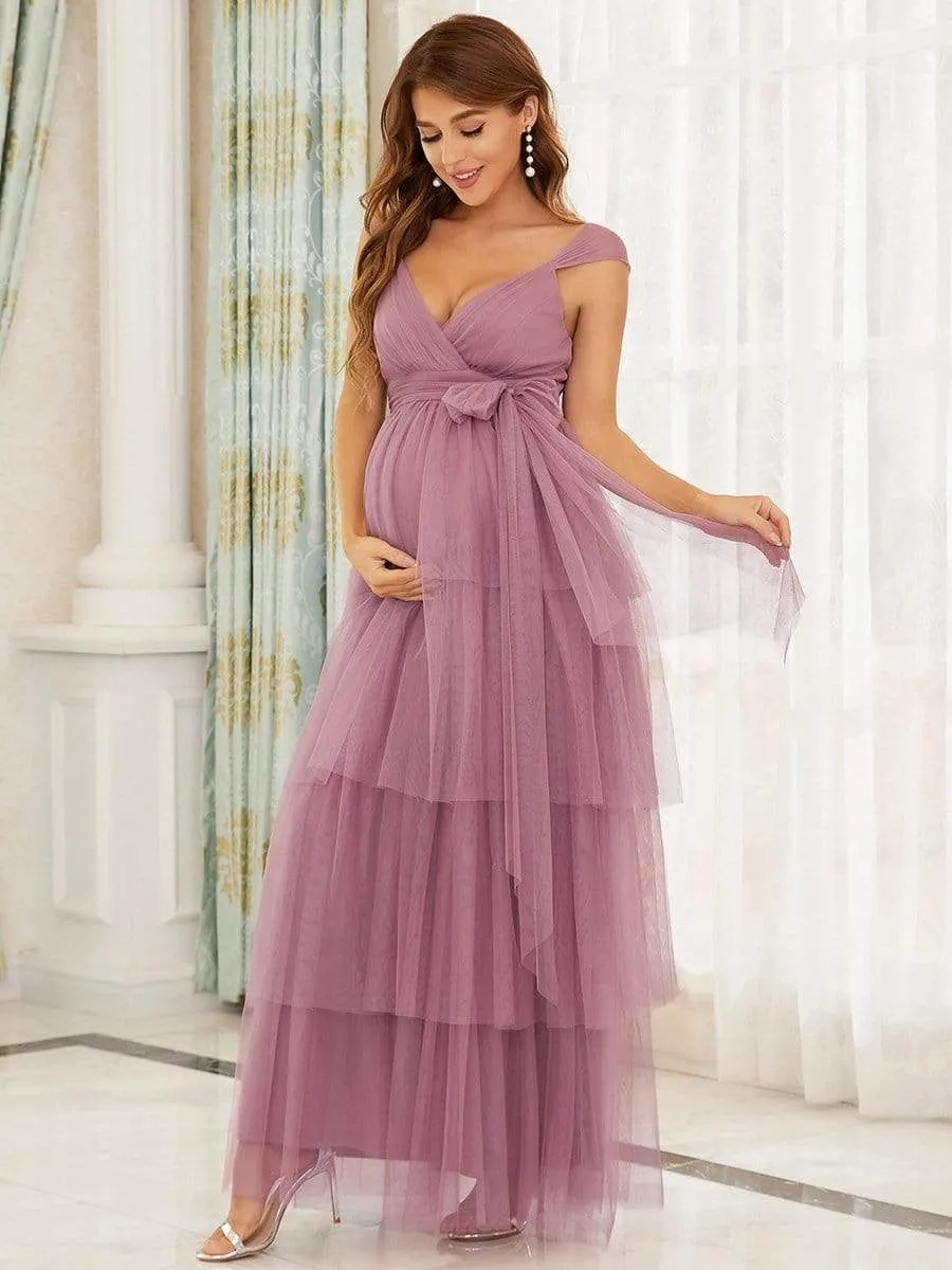 Deep V Sleeveless Mid-Rib Layered Tulle Long Maternity Dress