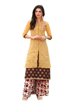 Designer Yellow Rayon Cotton Kora Silk Layered Embroidered Long Kurta Dress Size L SCKSD210