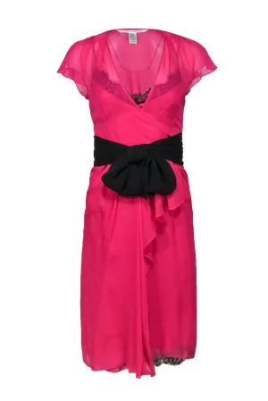 Diane von Furstenberg - Lace Trim Hot Pink Silk Wrap Dress Sz 0